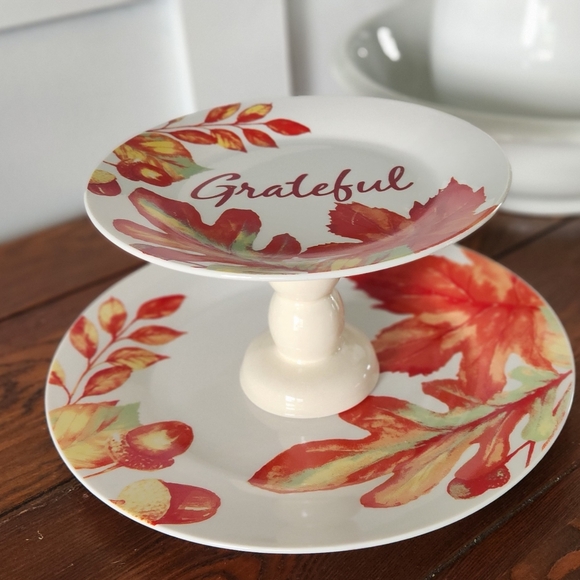 New! 2 tiered ceramic serving tray with Fall pattern! - Picture 1 of 3